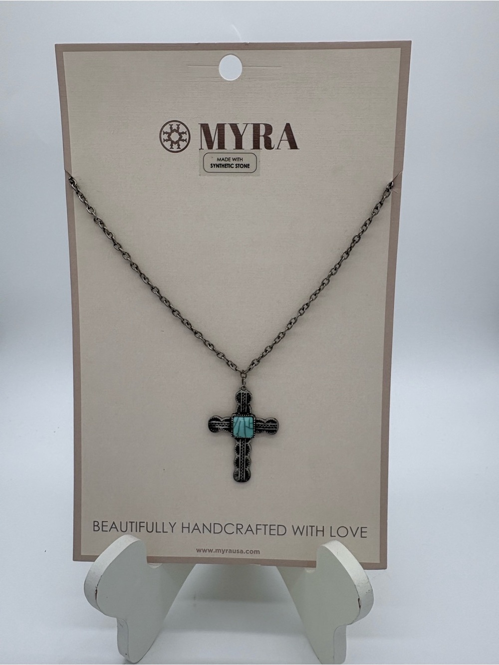Myra Bag Turquoise Cross Pendant Necklace - Silver Tone Chain
